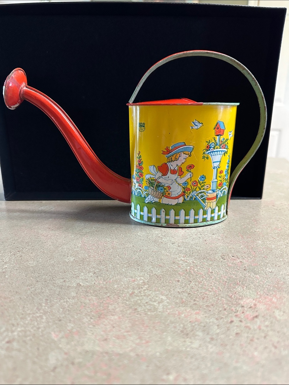 Vintage J. Chein & Co. Yellow Tin Watering Can with Red Spout